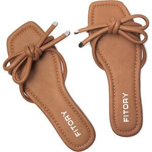 Women's All Brown Square Open Toe Thong Cute Knot  Flat Sandals Shoes